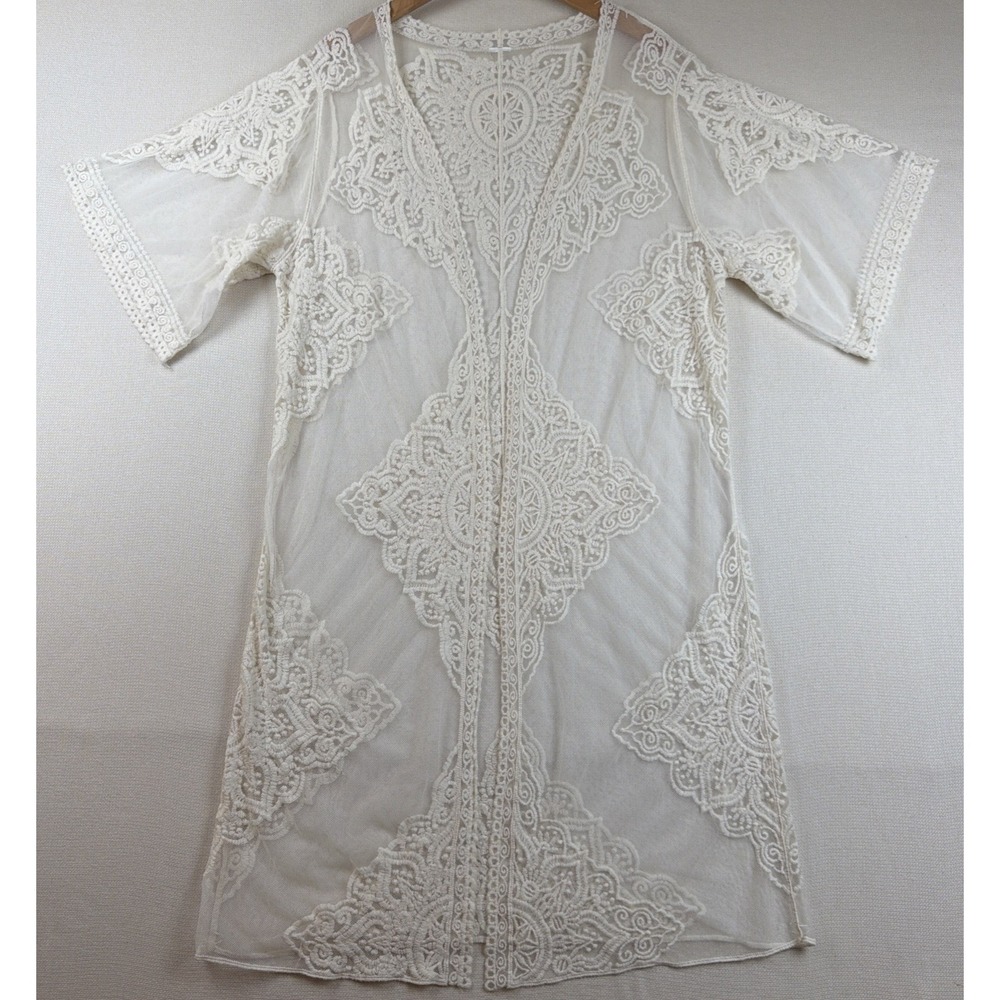 Kimono Cover Up Sheer Lace Midi‎ Size M/L Ivory Floral Embroidery Detail Coastal